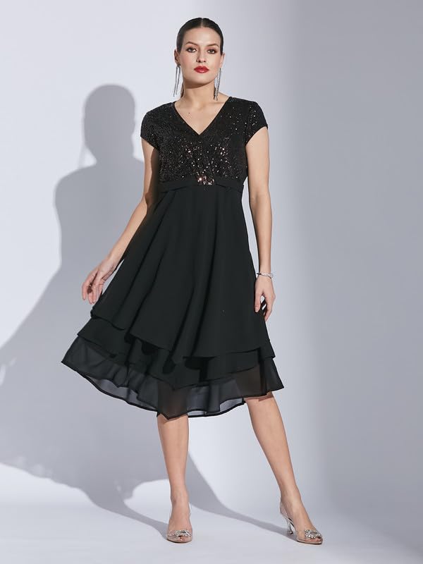 Latin Quarters Women Black V-Neck Cap Sleeve Solid Dress_XXL