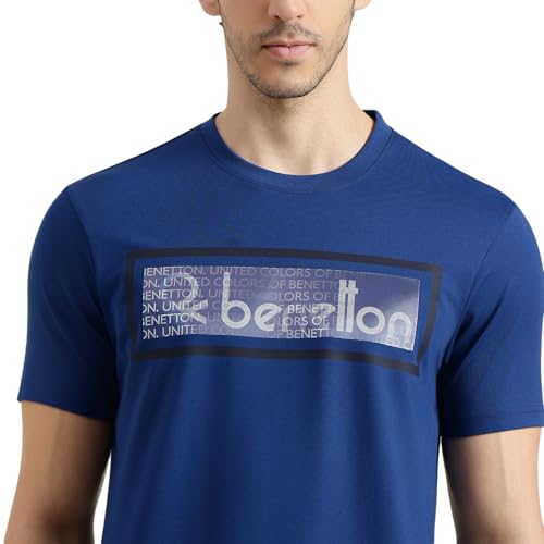 United Colors of Benetton Regular Fit Round Neck Printed T-Shirt (Size : KL) - 26P3ZSTJ3516IBT2 Blue