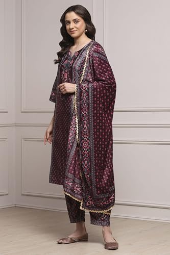 Biba Women Plum Polyester Straight Printed Suit Set_36