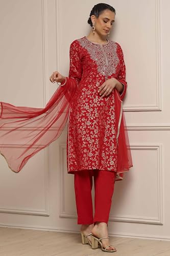 Biba Women Green-Maroon Cotton Straight Printed Suit Set_34