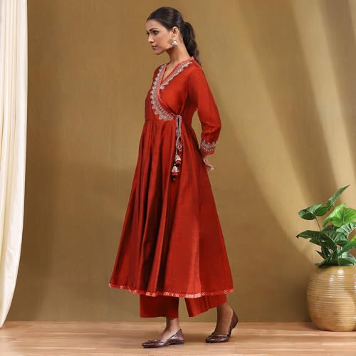 BIBA Women's Poly Viscose Slub Solid Regular Kur,Bustr,Pla (SKDTGW10130AW24RUST_Rust