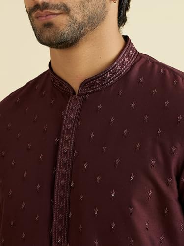 Manyavar Men's Viscose Blend Embellished Classic Kurta Pyjama Set (Wine,XXL)