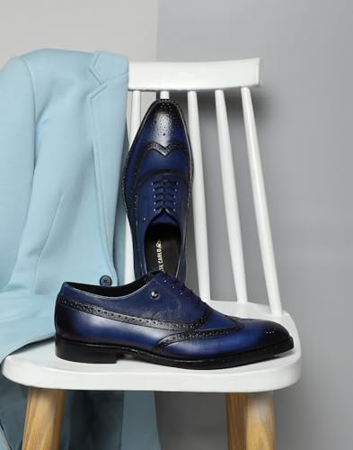 Monte Carlo Mens Navy Blue Solid Lace Up Genuine Leather Formal Brogue Shoes (201826FW-2-9)