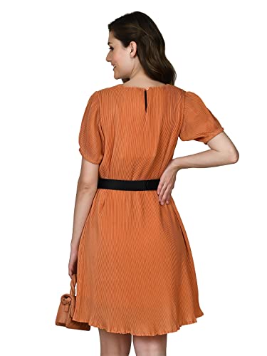 Zink London Women's Orange Self Design A-Line Short Dress