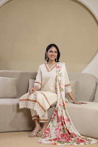 NIVANA Chikankari & Embroidered Kurta with Pant & Floral Printed Dupatta | M | Cream | V-Neck | 3/4 Sleeves