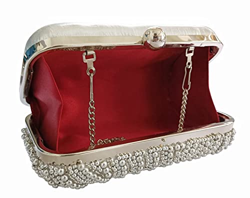 DUCHESS Women's Velvet Pearl Box Clutch with Detachable Chain Sling Strap - Hand Clutch Wallet Purse for Wedding Party, Casual (Silver,7 x2x 4 inches)
