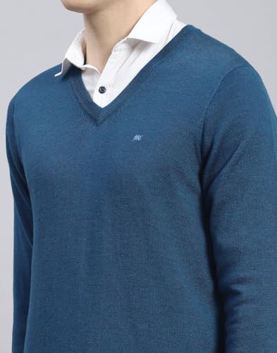 Monte Carlo Mens Teal Solid V Neck Full Sleeve Wool Casual Sweater (1230507VN-2378-46)
