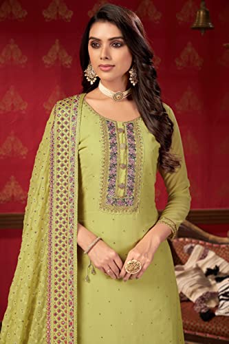 VARNI FABRICS: A lady's First Love Georgette Designer Sharara Suit Set, Light Green with Embroidered Yoke, santoon Palazzo and Dupatta with Sequin Border(Zeeya-Erina-1402)