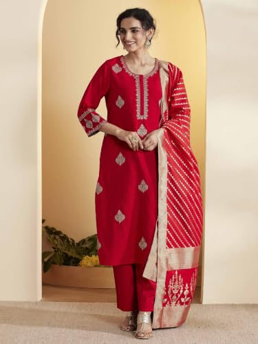 BIBA Poly Viscose Solid Straight Festive Kurta With Palazzo And Dupatta