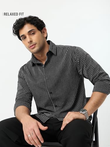 The Souled Store Cotton Linen Stripes: Greyscale Men and Boys Long Sleeve Spread Collar Black and White Striped Cotton Linen Lightweight Easy to Style Everyday Office Wear Casual Relaxed Shirt