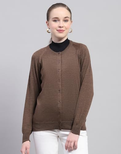 Monte Carlo Womens Solid Dark Brown Round Neck Full Sleeve Cardigan