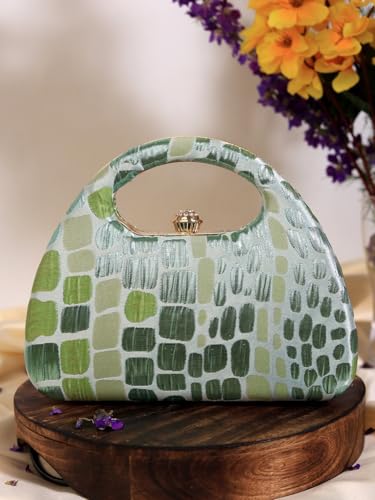 THE TAN CLAN Coral Arc Clutch Bag for Women | Structured Arc-Shape Evening Bag | Green Colour | Party & Wedding Clutch Purse