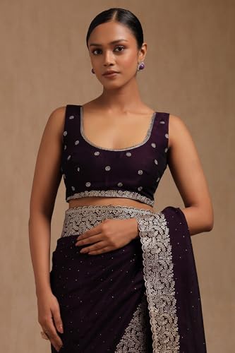 Soch Womens Purple Fendy Chiffon Embellished Saree With Stone Work