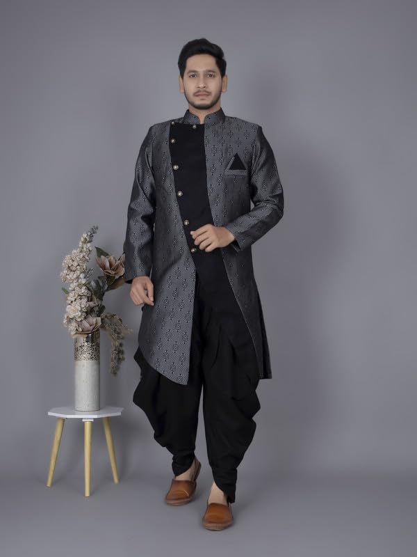 XEPON Mens Black Ethnic Wear Indo Western & Dhoti Set((Black, L Size)