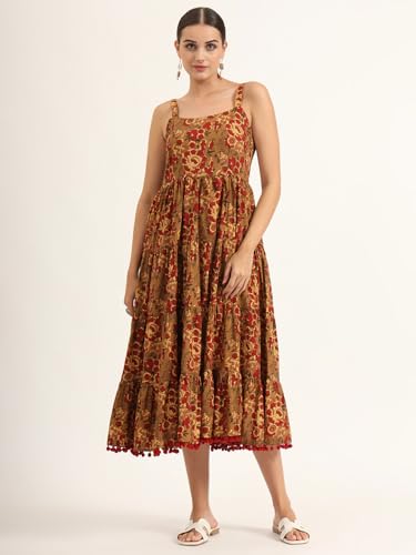 Divena Brown Floral Print Pure Cotton Fit & Flare Dress