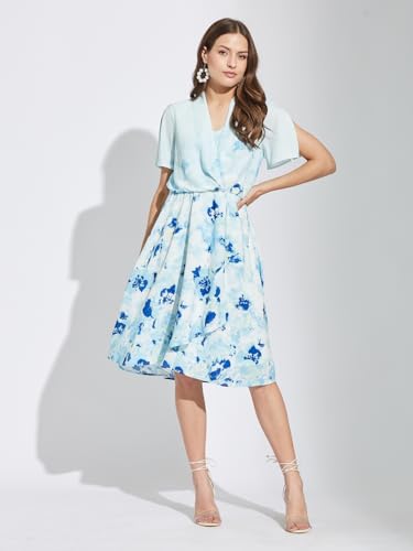 Latin Quarters Women Blue V-Neck Half Sleeves Tie Dye Knee Length A-Line Dress for Casual Wear_L