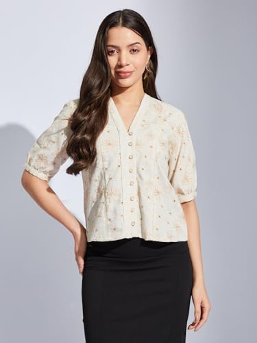 Latin Quarters Women Beige V-Neck Half Sleeves Printed Shirt Blouse for Casual Wear_M