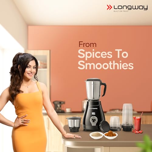 Longway Mix Pro 550 Watt Mixer Grinder with 4 Jars for Grinding, Mixing, Blending, Juicing with Powerful Motor (Black & Gray,4 Jars)