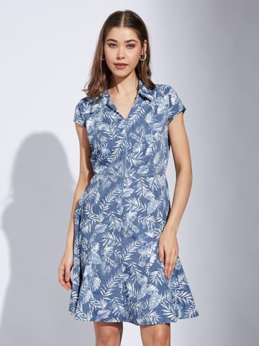 Latin Quarters Women Blue Collar Neck Cap Sleeve Printed A-Line Dress_2XL
