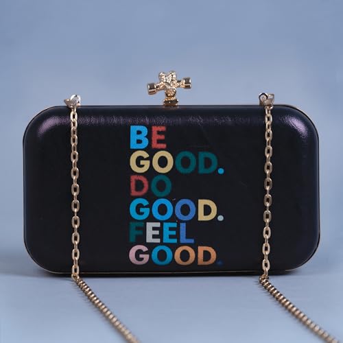 Artklim Black Based Quirky Caption Printed Leatherette Clutch Bag for Women