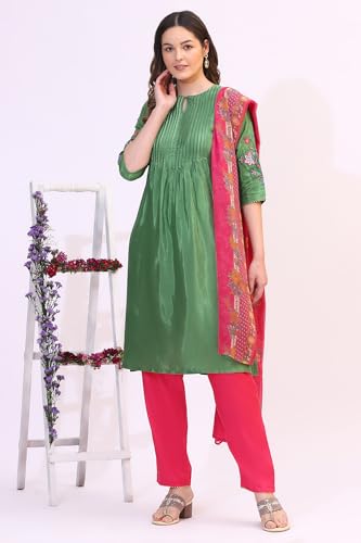 W for Woman Forest Gren Solid Floral Embroidered Shantung Kurta, Pants and Dupatta Set (Size:2XL)-WS19722