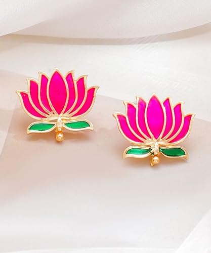 Mansiyaorange Pink & Green South Indian Temple Lotus Motif 18 K Gold-Plated Enamelled Ethnic Traditional Choker Neckalce & Earring Jewellery Set
