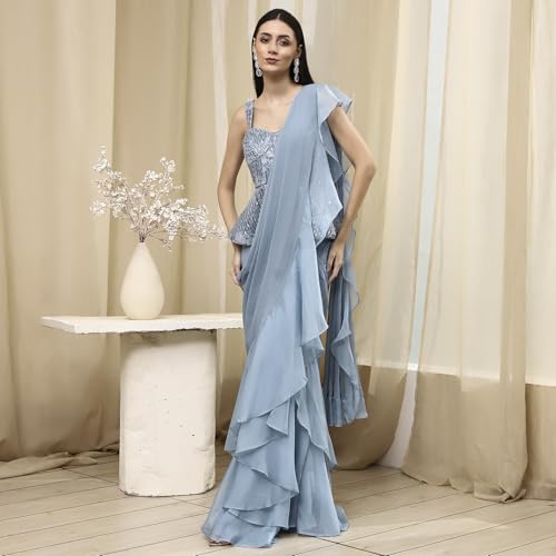 Biba Women Ice Blue Peplum Pre-Draped Saree_36