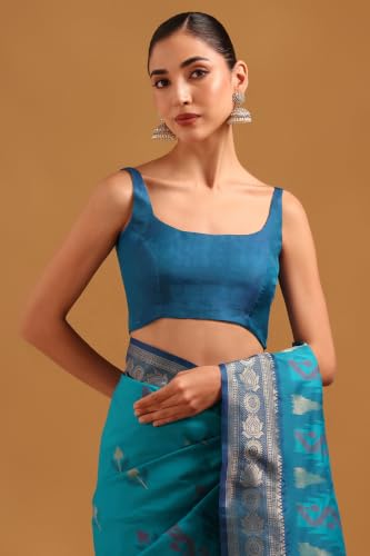 Soch Womens Turquoise Blue Silk Blend Zari Woven Saree