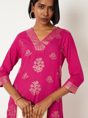 Max Women Foil Print Straight Kurta (Pink_XXL)