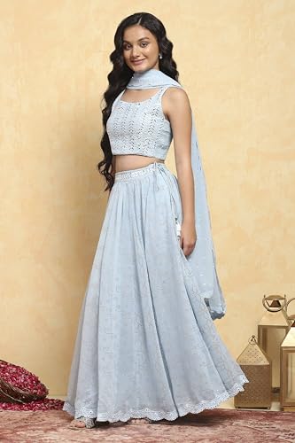 Biba Girls Blue Polyester Embroidered Kalidar Lehenga Set_4-5Y