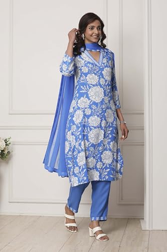 Biba Women Blue Viscose Rayon Straight Suit Set_32