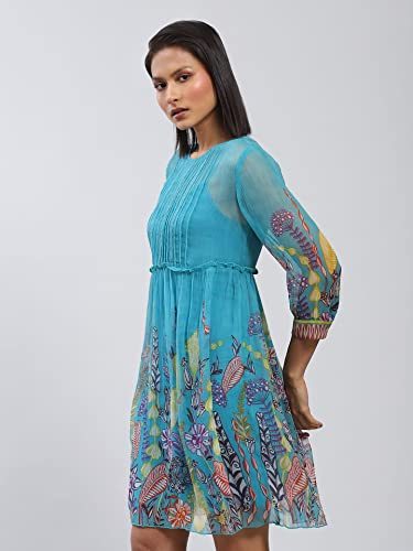 Label RITU KUMAR Blue Floral Print Short Dress with Inner