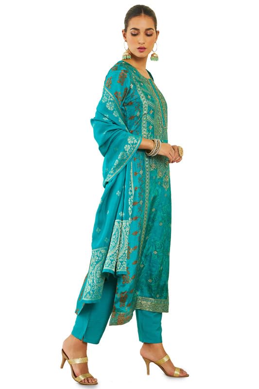 Soch Womens Turquoise Blue Brocade Blend Suit Set with Floral Print and Hand Embroidery