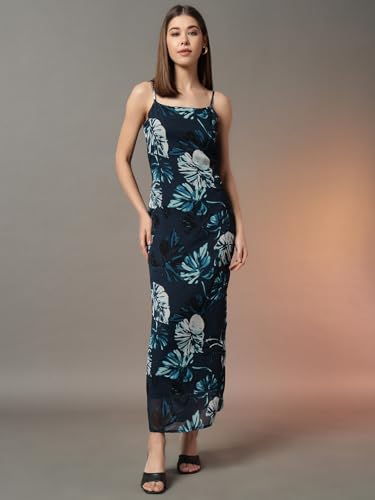 Trend Arrest.ed Women's Polyester Sheath Maxi Dress (D5394_Blue