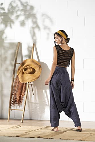 The Veshti Company Cotton Hippie Harem Pants For Women's Baggy Yoga Regular Jogger Oversized Boho Aladdin Pant, Blue - Tribal Stone, L