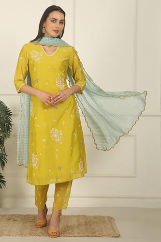 W for Woman Celery Green Embroidered Chanderi Straight Kurta, Pants and Dupatta Set (Size: XS)-WS12516-223370