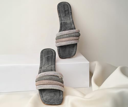 LOUIS STITCH Women’s Fashion Flat Slip-On Sandals | Open Toe Grey Glitter Strap Flat Slipper for Ladies, Comfortable Slipper | LSOF-LDSL-GLFSGY | (UK-5)