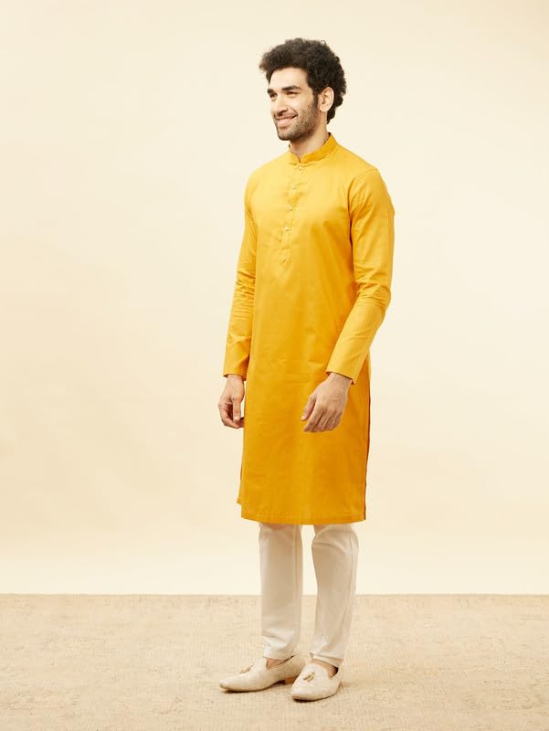 Manyavar Men's Mustard Cotton Checks Kurta Pyjama Set