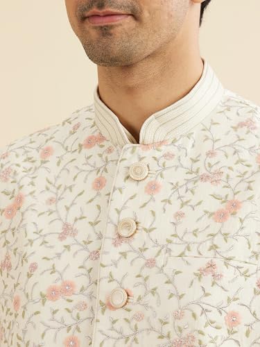 Manyavar Men's Art Silk Floral Embroidery Kurta Jacket Set (Cream,M)