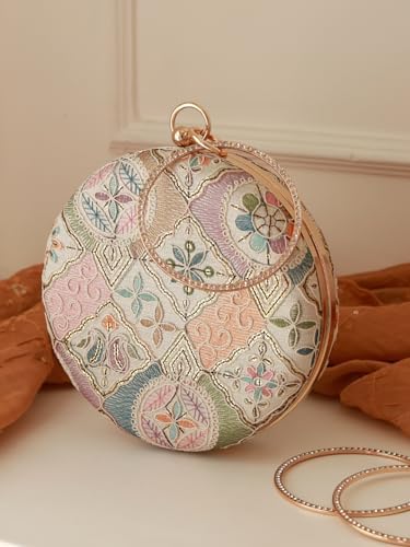 THE TAN CLAN Mughal Round Clutch for women Purses Luxury Evening Handbags for ladies with Detachable Handle