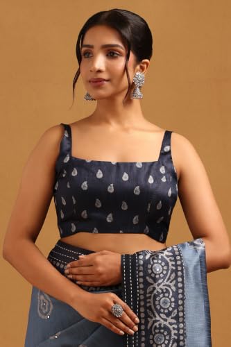 Soch Womens Blue Tussar Kantha Embroidered Saree With Mirror Work