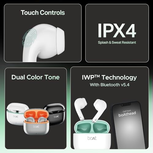 boAt Airdopes 101v2, 35H Battery, ENx Tech, 13mm Drivers, ASAP Charge, Flex-Fit Ear Tips,Stream Ad Free Music via App Support, Bluetooth Earbuds, TWS Ear Buds Wireless Earphones with mic (Smoke White)