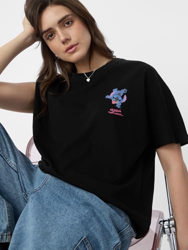 The Souled Store Lilo & Stitch: Out of This World Women and Girls Short Sleeves Round Neck Black Graphic Printed Cotton Oversized T-Shirts