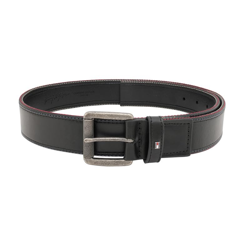 Tommy Hilfiger Men's Leather Belt Appleby - Black | Textured Black Finish | Rwb Detail | Leather Belt For Any Occasion | Size - L (100Cm)