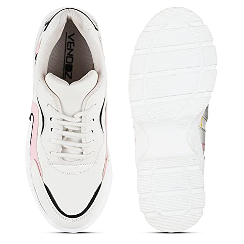 LENSBURY Women's Shoes for Walking Gym Training, Casual, Sports, Slip-On, Lightweight Lace up Athletics Slipon Running Sneaker for Ladies and Girls LBCNV-THAR-6056BL-37 White