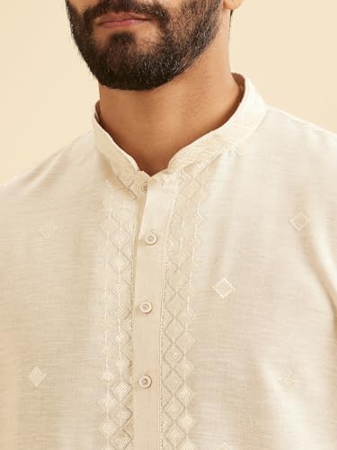 Manyavar Men's Linen Blend Thread Embroidered Casual Kurta Pajama Set (Cream,M)