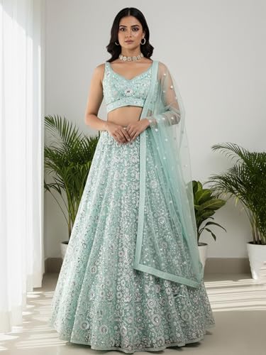 Zeel Clothing Women's Sequins Embroidered Soft Net Designer Lehenga Choli with Dupatta (5126-Blue-Womens-New-Lehenga-Choli; Free Size) (Blue)