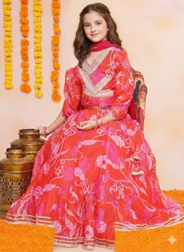 Naixa Girls Red Chanderi V Neck 3/4 Sleeve Floral Printed Choli and Lehenga with Dupatta Set | Latest Floral Designer Printed Lehenga Choli Set for Girls (SE09_7-8 Year)
