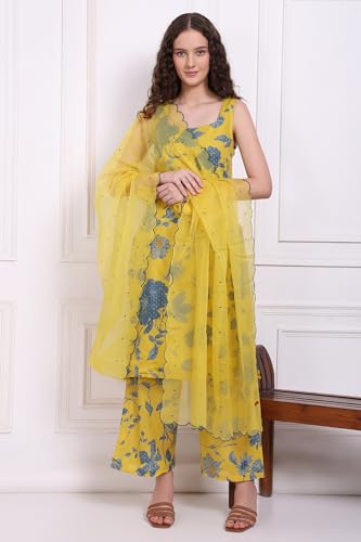 W for Woman Yellow Bold Floral Printed Pure Cotton Straight Kurta, Parallel Pants and Dupatta Set (Size: 2XL)-WS12904-125908