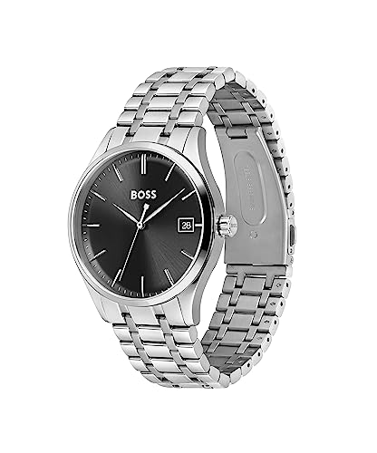 BOSS Hugo Stainless Steel Commissioner Analog Black Dial Men Watch-1513833, Silver Band